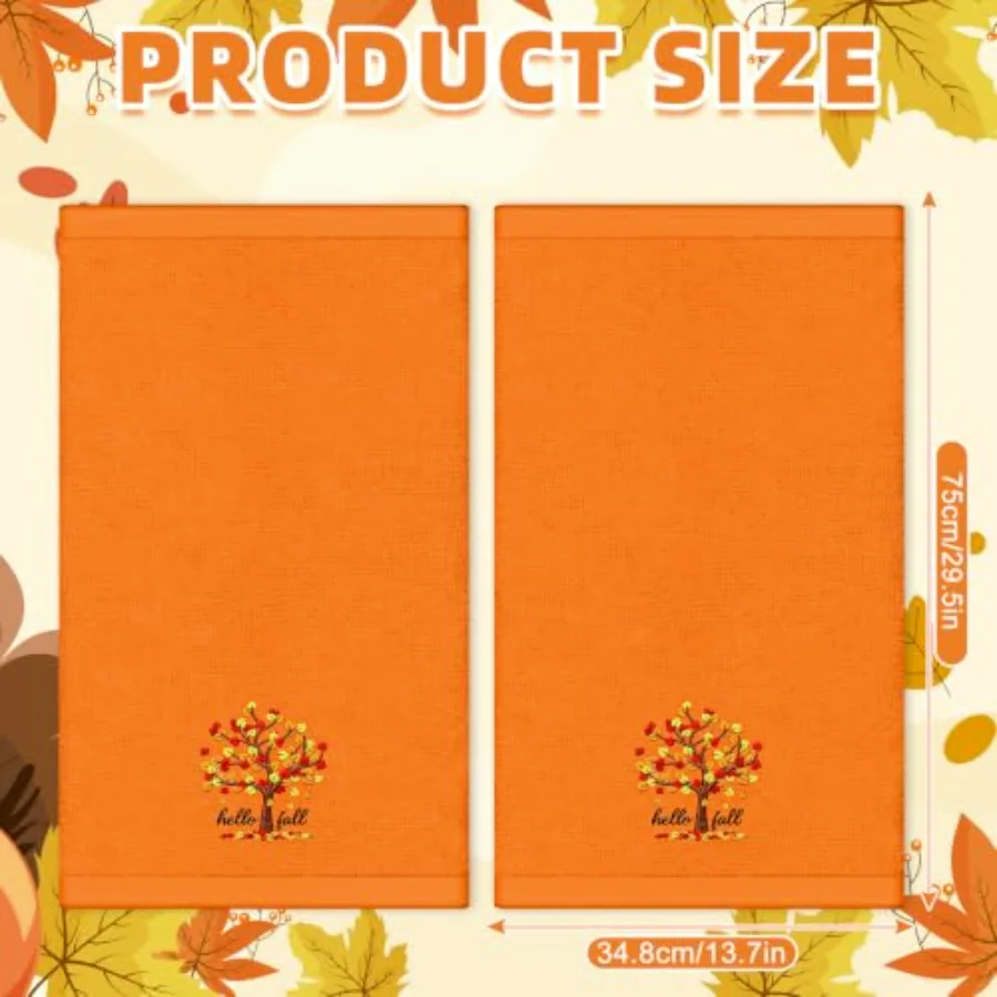 2 Pcs Hello Fall Tree Hand Towels Embroidered Cotton Bathroom Towel Orange, view 2