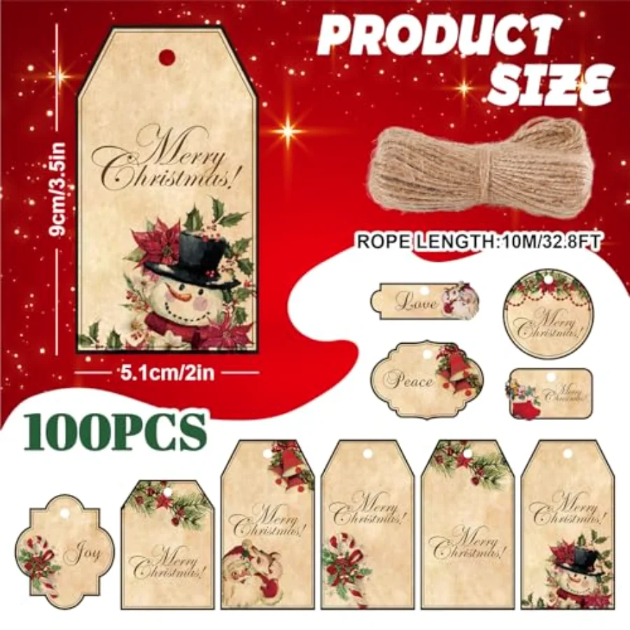 100 Pcs Vintage Christmas Paper Gift Tags Blank Tags Brown Xmas Santa, view 2