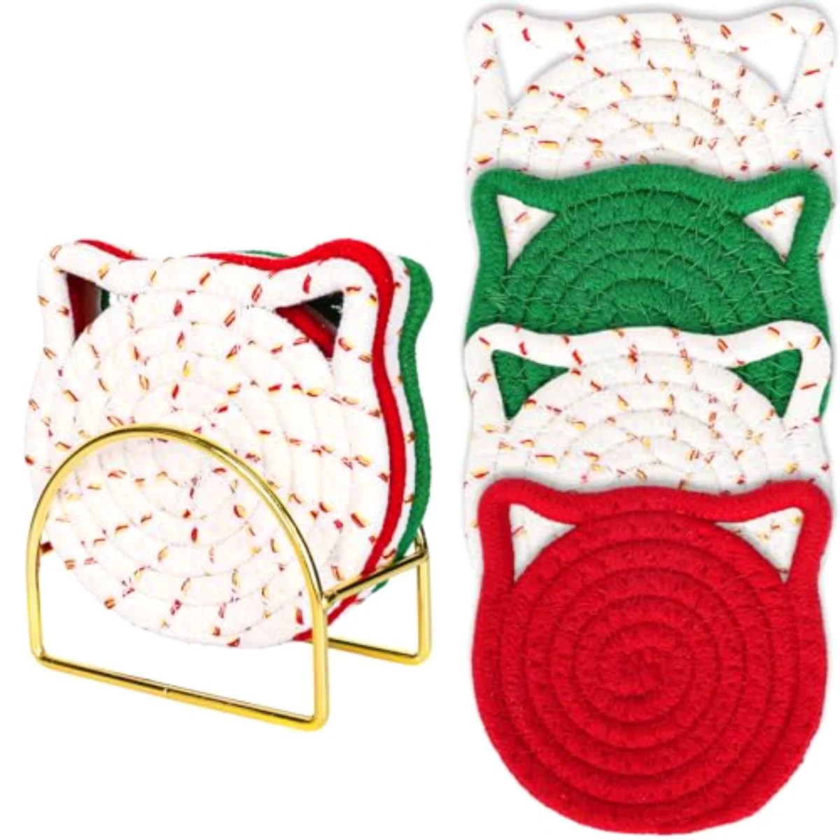 Christmas Cat Ear Coaster Set Red Green Xmas Color Cat Ear Shape Handmade