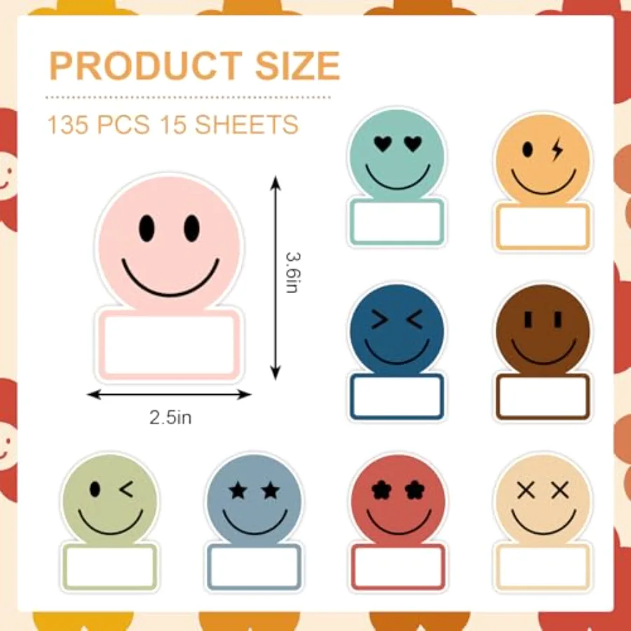 135 Pcs Boho Smile Face Name Tag Stickers Dark Color 9 Designs Nameplate, view 2
