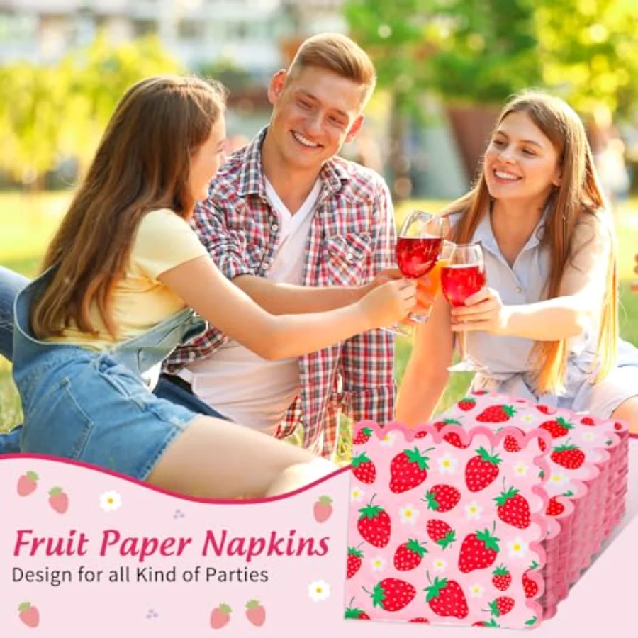 50 Pcs Strawberry Scalloped Paper Napkins Pink Red Strawberry Flower, view 4