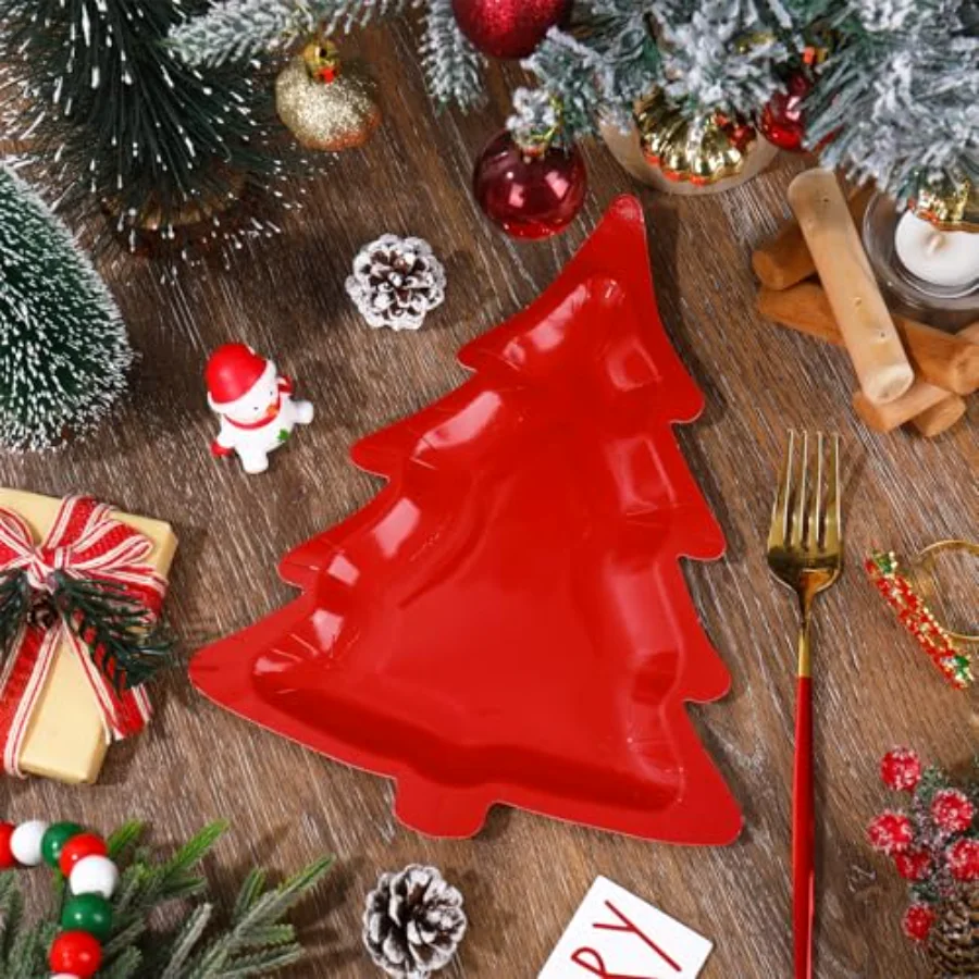 60 Pcs Christmas Paper Plates Boho Xmas Tree Shaped Dinner Plates Red Pink, view 4