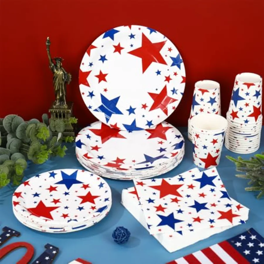 96Pcs Patriotic Party Supplies Set Disposable Red Blue Star Paper Plates, view 4
