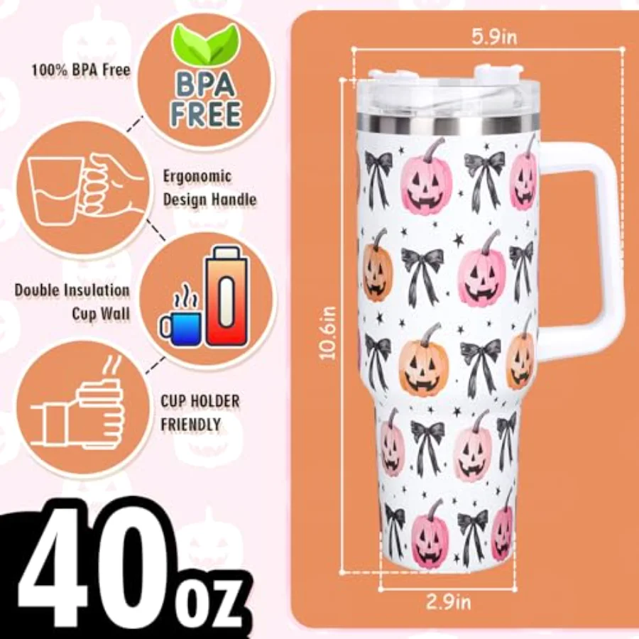 40oz Halloween Tumbler with Handle Straw and Lid Bow Pumpkin Face Travel, view 2