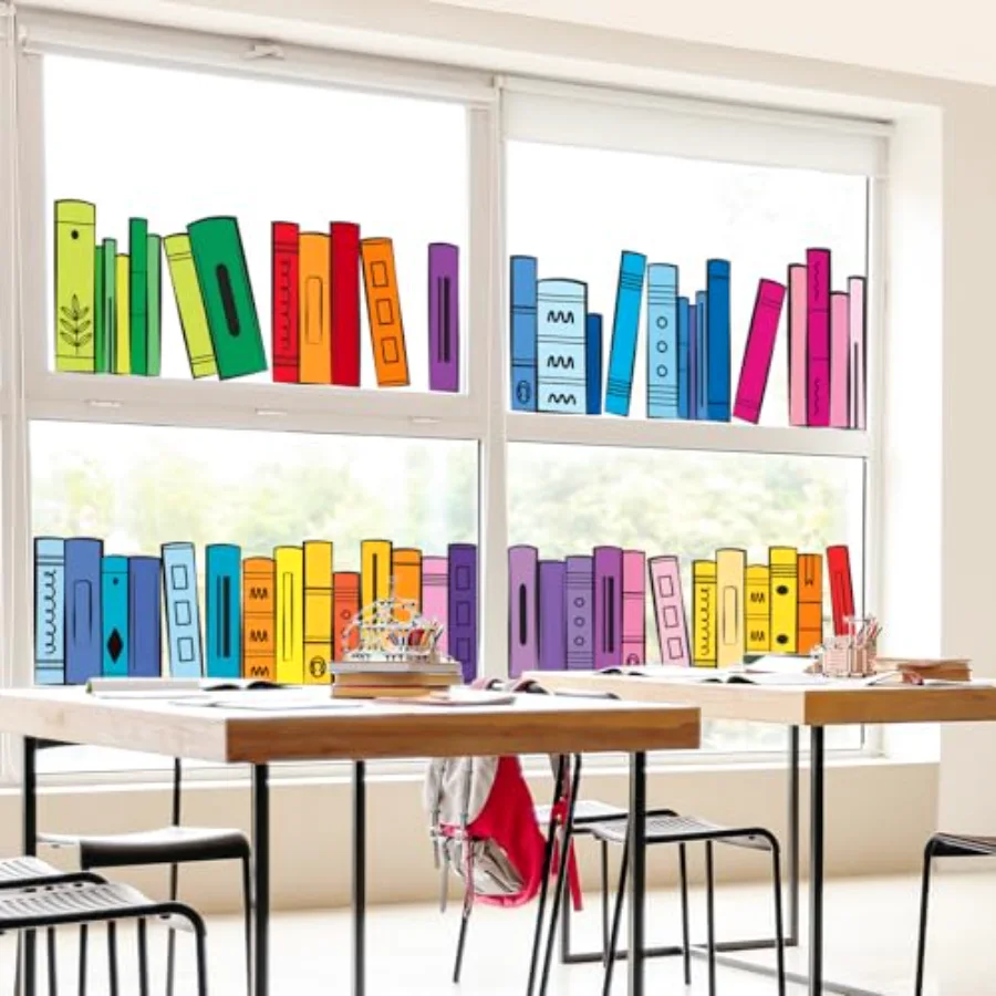 9 Sheets Back to School Window Clings Colorful Bookshelf Window Decal, view 4