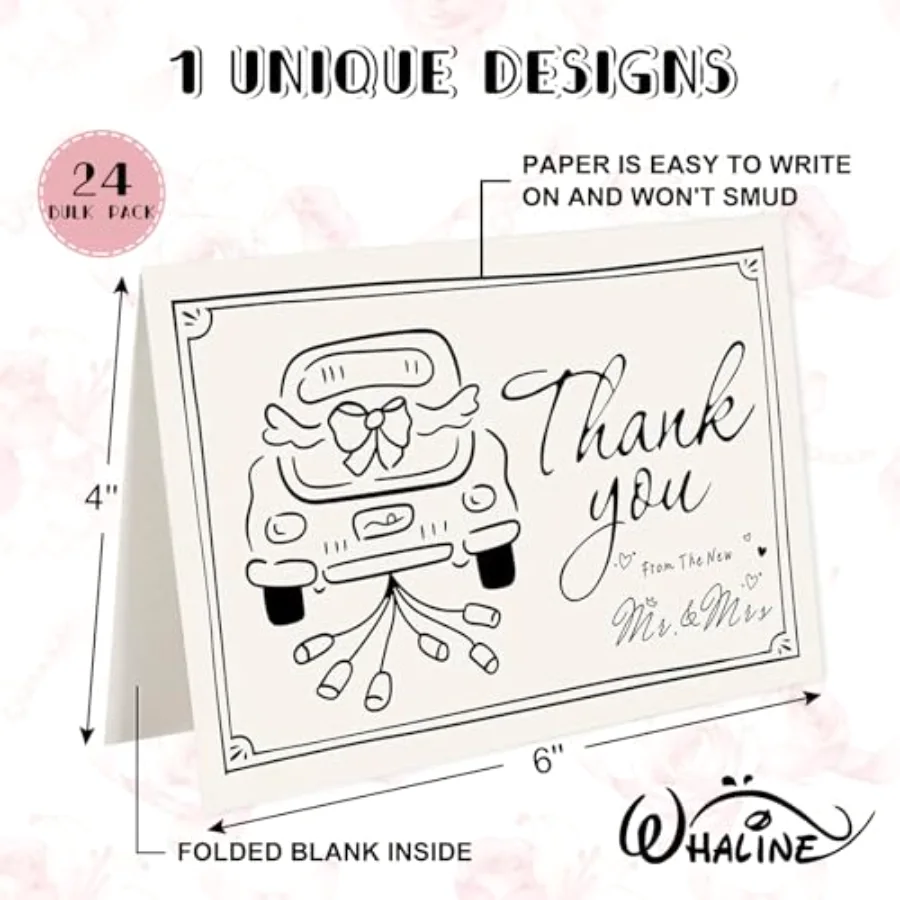 24 Pack Wedding Thank You Cards Black The New Mr & Mrs Car Cake, view 2