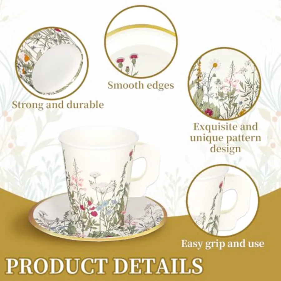80 Pcs Floral Paper Tea Cups and Saucers 9 oz Vintage Wildflower, view 3