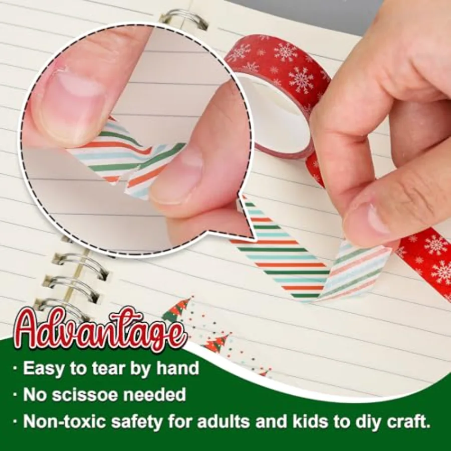 12 Rolls Christmas Washi Tape Red Green Xmas Tree Snowman Santa Claus, view 3