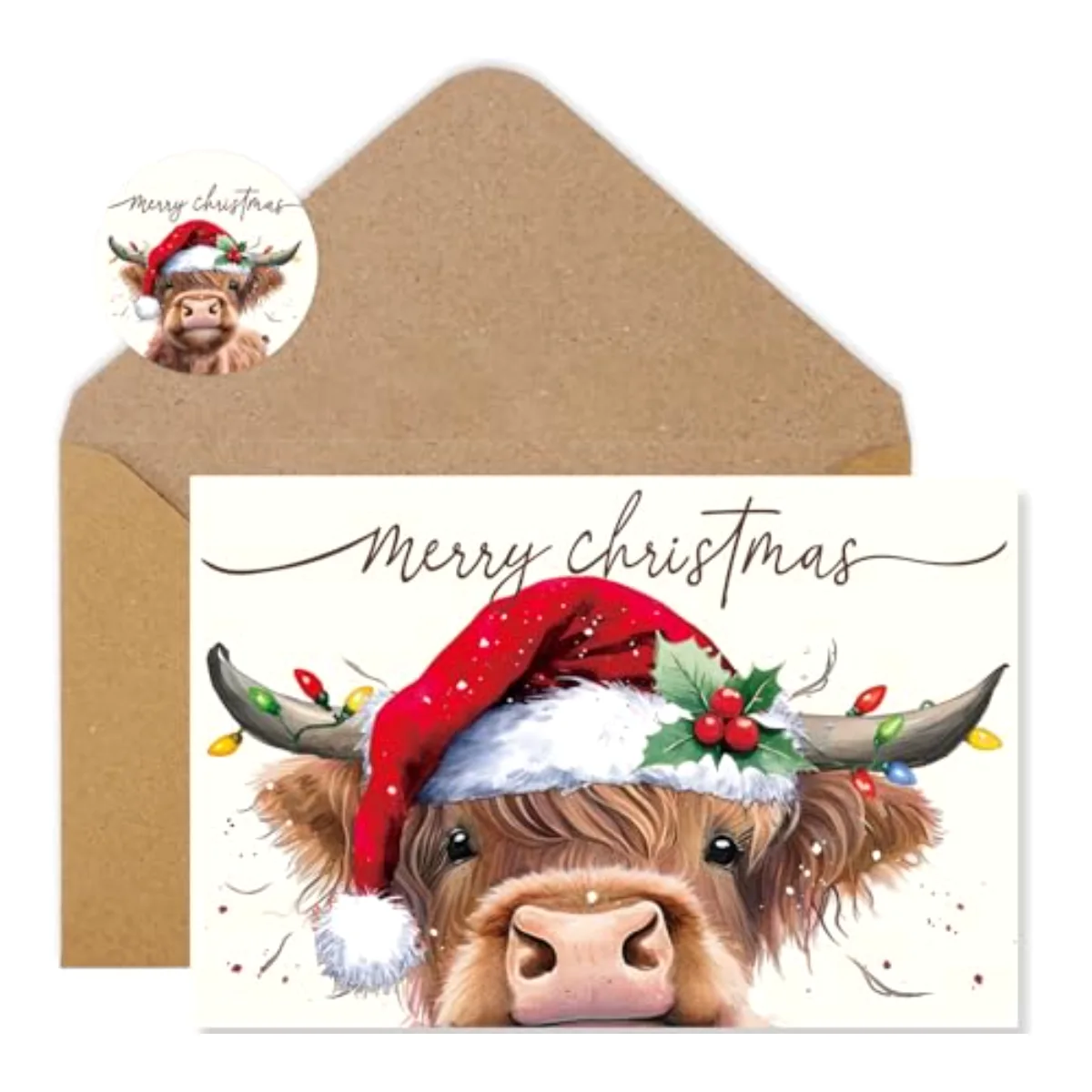 36Pcs Christmas Highland Cow Thank You Cards Xmas Hat Brown Cow Note Cards