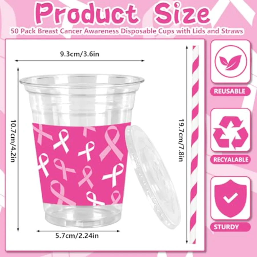 50Pcs Breast Cancer Awareness Plastic Cups with Lids Straws Pink White, view 2