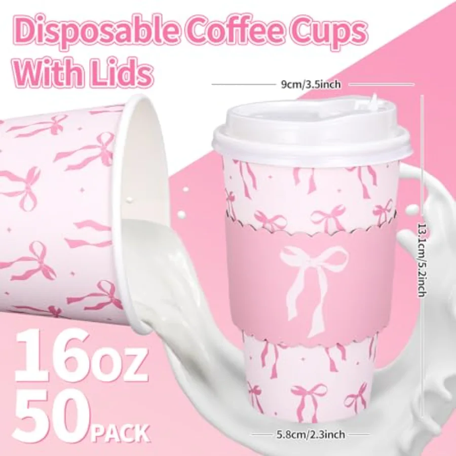 50 Set Pink Bow Disposable Coffee Cups with Lids and Sleeves Coquette, view 2