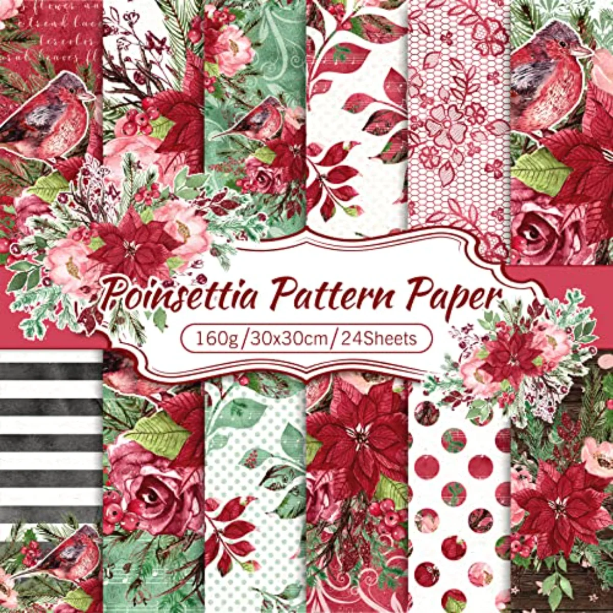 Christmas Scrapbook Paper 12 Designs Watercolor Poinsettia Pattern Paper