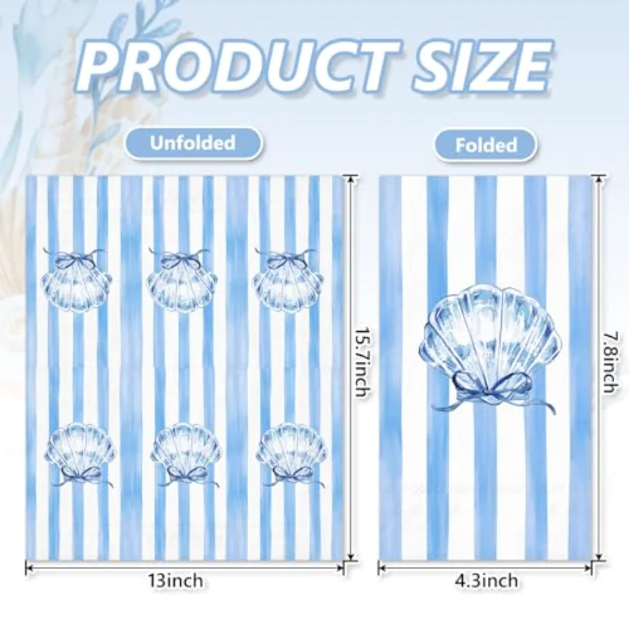 50 Pcs Ocean Stripe Guest Napkins Paper Napkins Watercolor Blue Bow Stripe, view 2