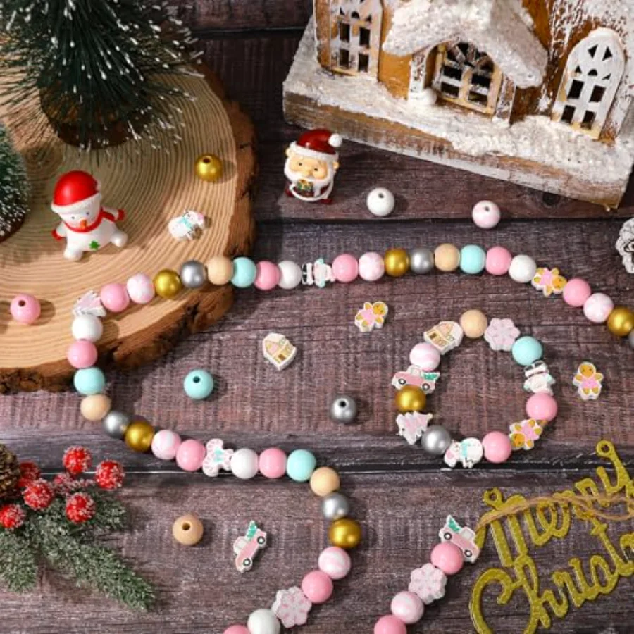 220Pcs Christmas Wooden Beads 16 Styles Pink Xmas Pattern Decorative Wood, view 4