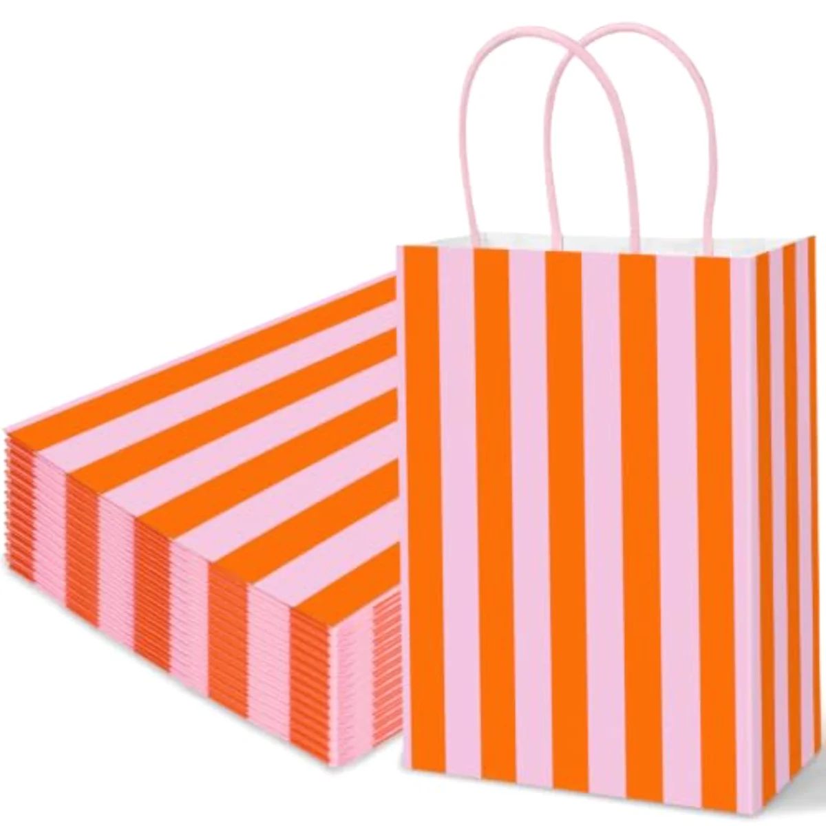 36Pcs Pink Orange Stripe Paper Bag Treat Bags with Handles Candy Goodie