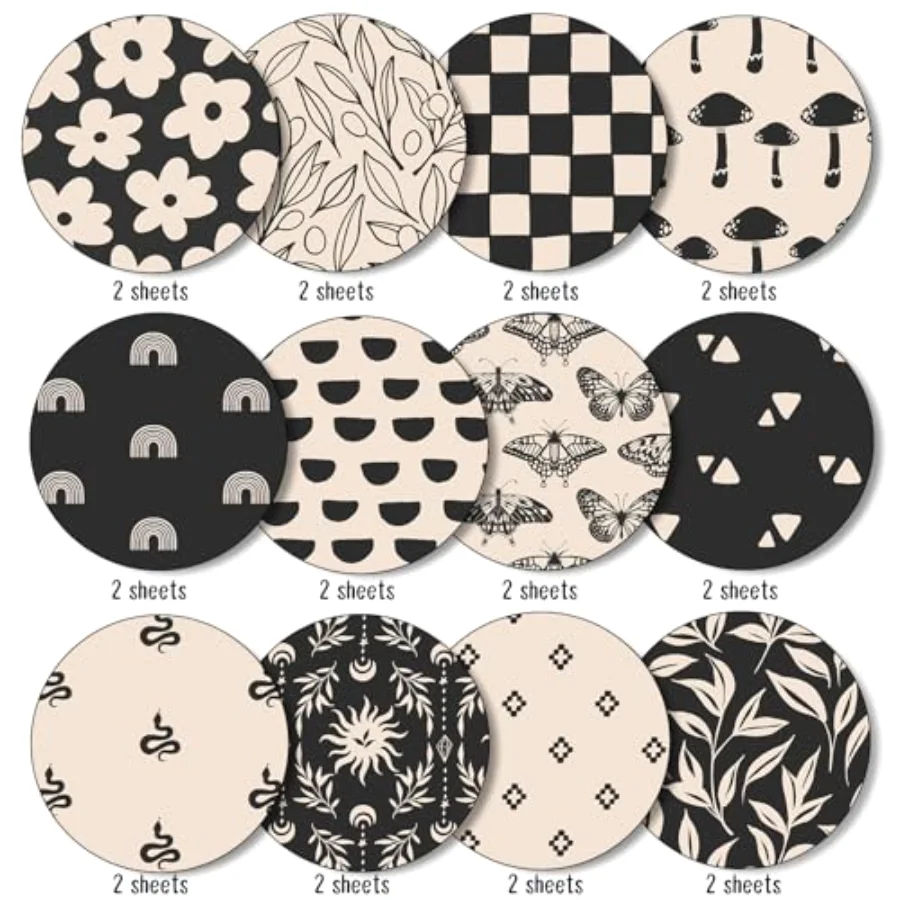 24Pcs Boho Ivory Pattern Paper Black Beige Scrapbook Specialty Paper, view 3