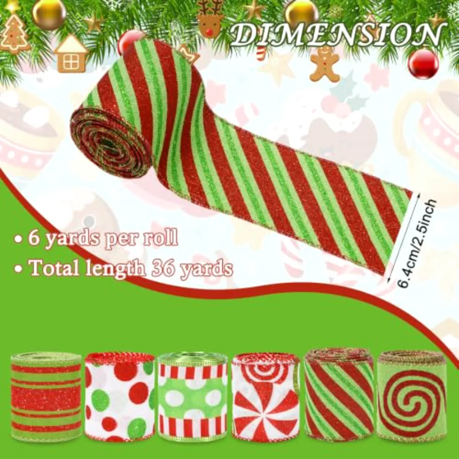 Christmas Ribbons 36 Yards Dot Stripe Candy Wired Edge Ribbon Red Green, view 2