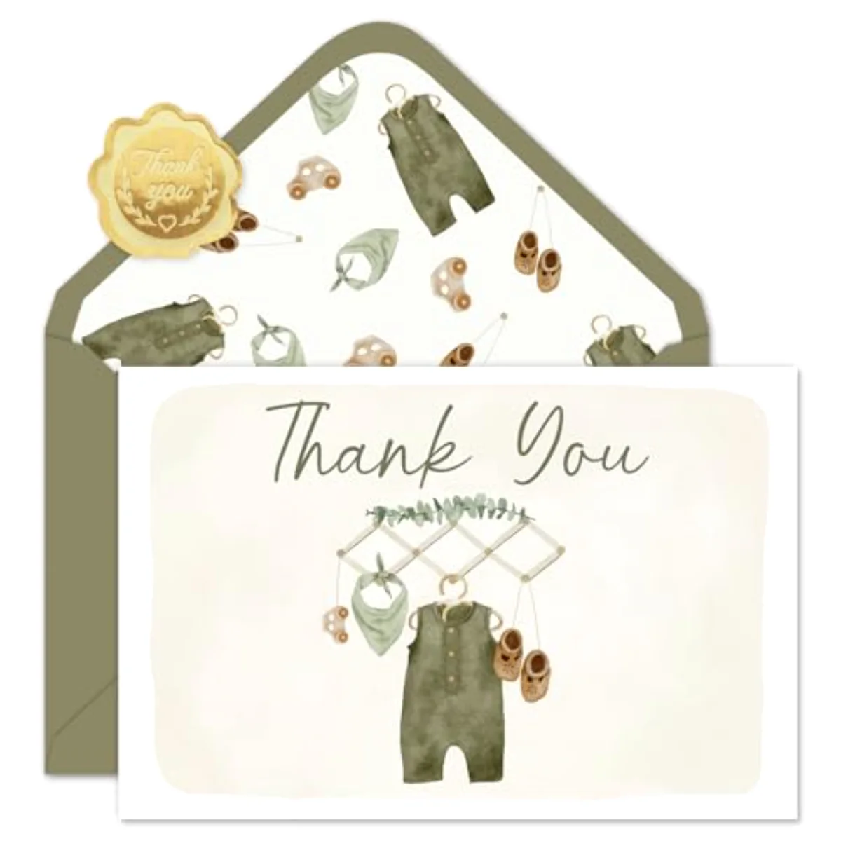 50 Pack Baby Shower Thank You Cards Boxed Vintage Green Baby Cloth Note