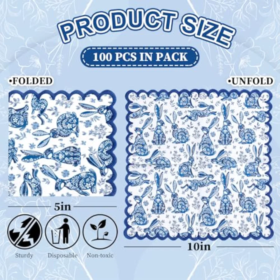 100 Pcs Easter Scalloped Cocktail Napkin Blue Chinoiserie Floral Bunny, view 2
