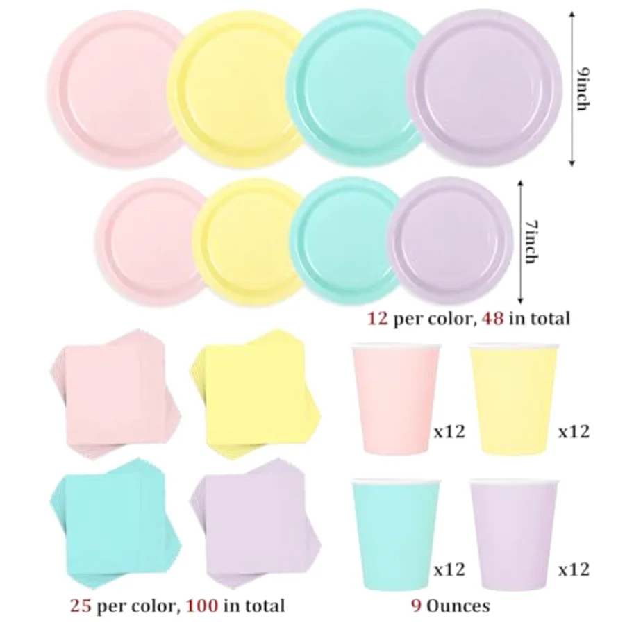 244Pcs Pastel Rainbow Tableware Set Serves 48 4 Colors Disposable, view 2