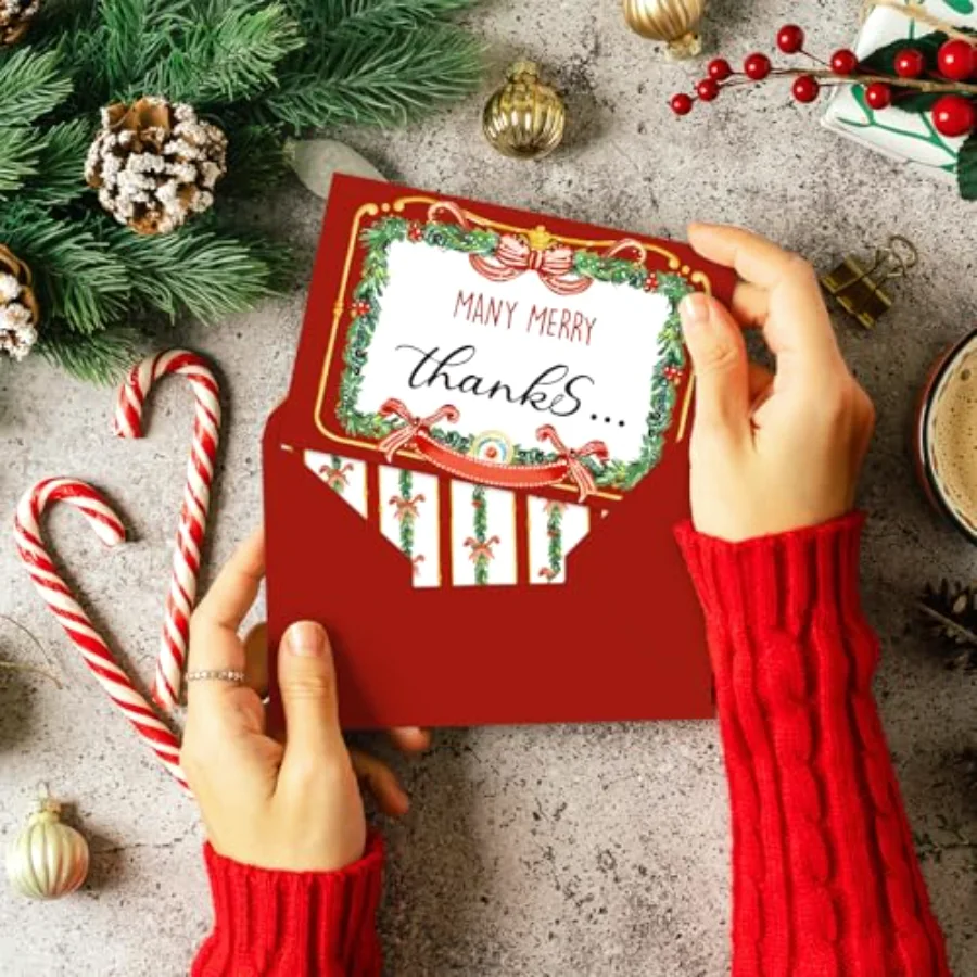 24 Packs Christmas Thank You Cards Bow Pine Needle Note Card with, view 4