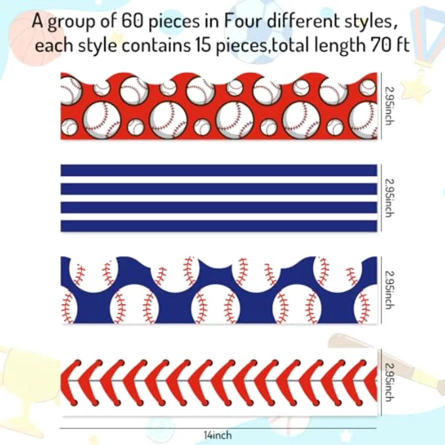 69 Ft Baseball Bulletin Board Borders Red Blue Sport Ball Self-Adhesive, view 2