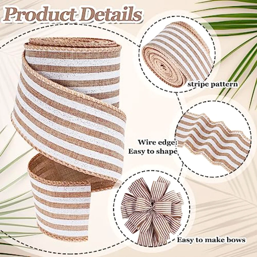 20 Yards Striped Wired Edge Ribbon White Natural Color Stripe Craft Ribbon, view 3