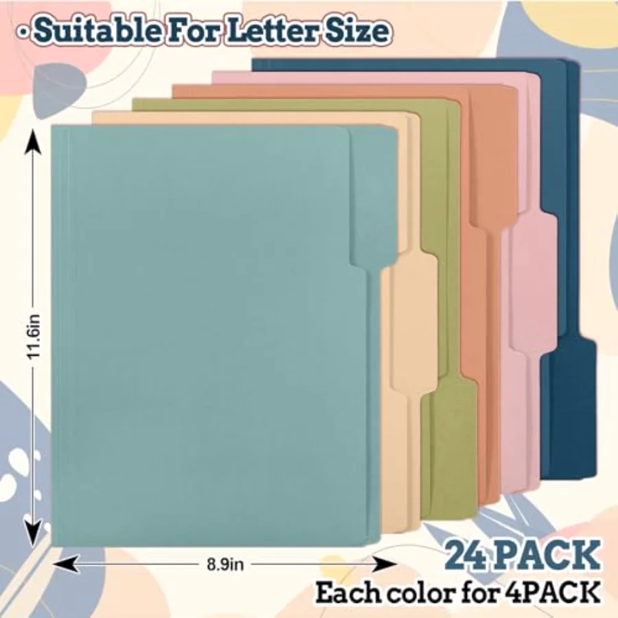 24 Pack Boho Colored File Folders Letter Size 6 Solid Colors File Pockets, view 2