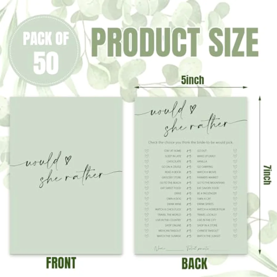 50 Sheets Sage Green Bridal Shower Game Cards Greenery Double Sided Party, view 2
