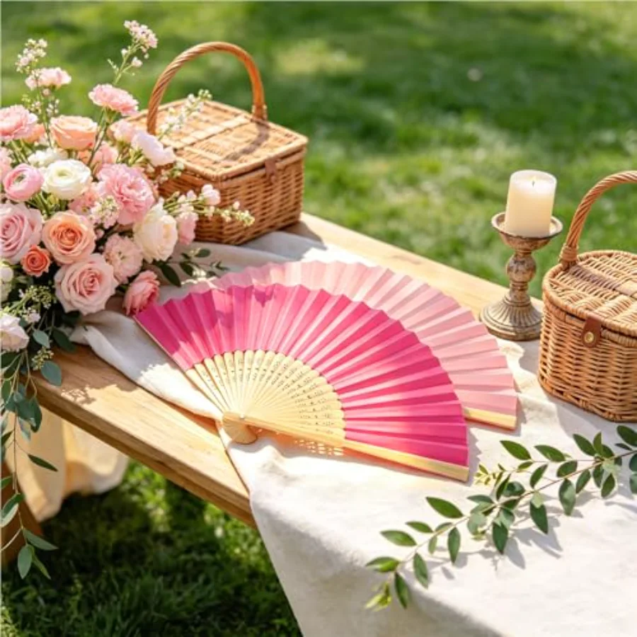 12Pcs Pink Orange Hand Fans 3 Assorted Colors Paper Folding Fans Summer, view 3