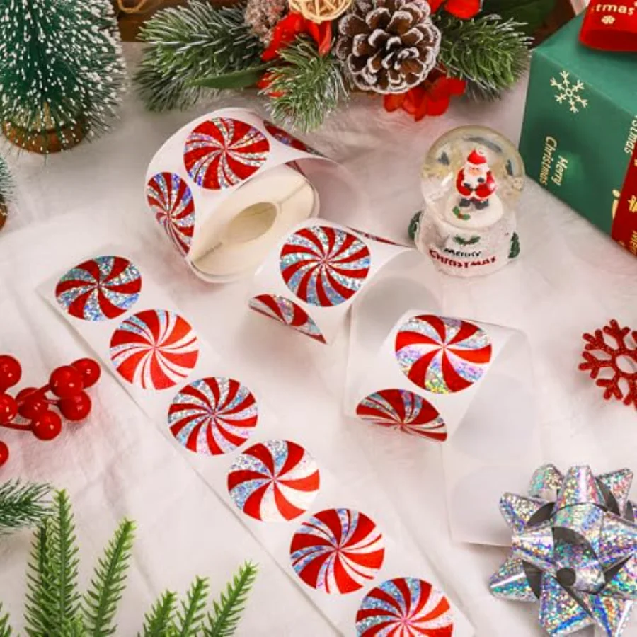 Christmas Candy Stickers Roll Holographic Seal Stickers Red Peppermint, view 3