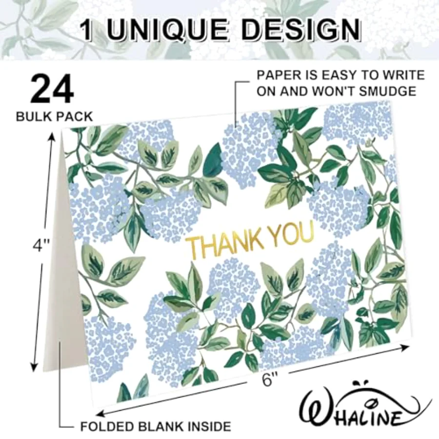 24 Pcs Hydrangea Thank You Cards with Envelopes Stickers Blue White Flower, view 2