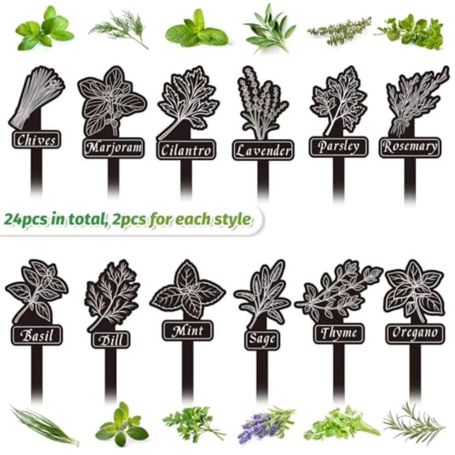 24Pcs Acrylic Garden Herb Signs 12 Styles Garden Herb Plant Label Markers, view 3