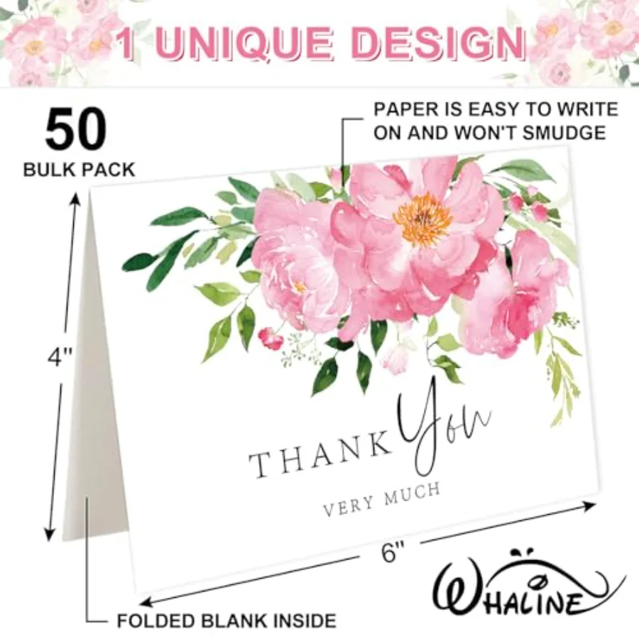 50 Pack Floral Thank You Cards Pink Flower Boxed Note Cards with Envelope, view 2