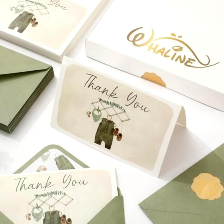 50 Pack Baby Shower Thank You Cards Boxed Vintage Green Baby Cloth Note, view 4