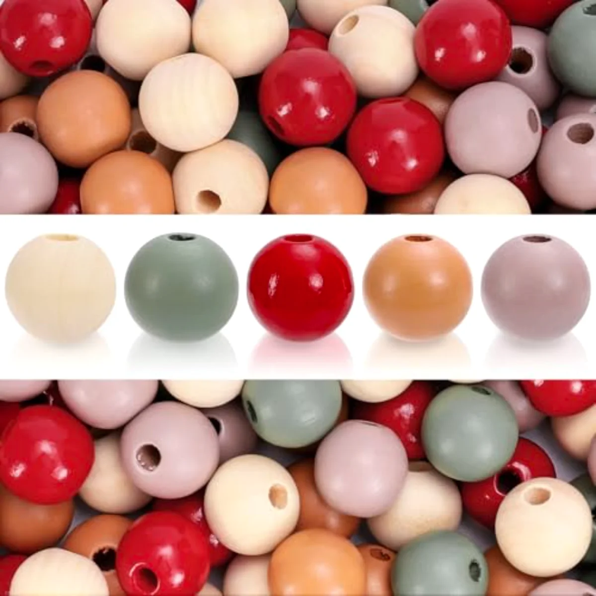 240Pcs Christmas Wooden Beads Vintage Red Green Beige Round Loose Bead