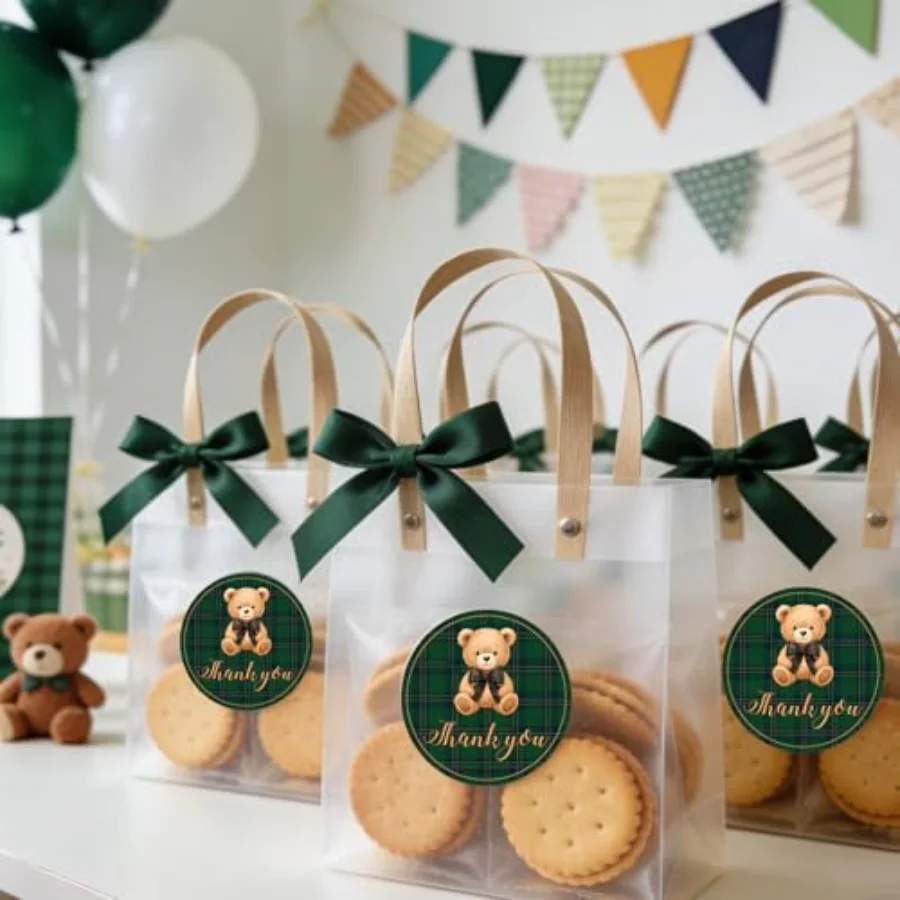 60Pcs Baby Shower Thank You Stickers 2 Inch Green Tartan Plaid Bear Round, view 4