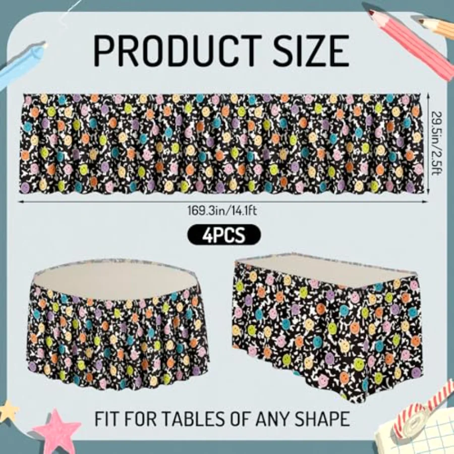 4 Pcs 14.1ft Black and White Composition Book Table Skirt Cloths for, view 2