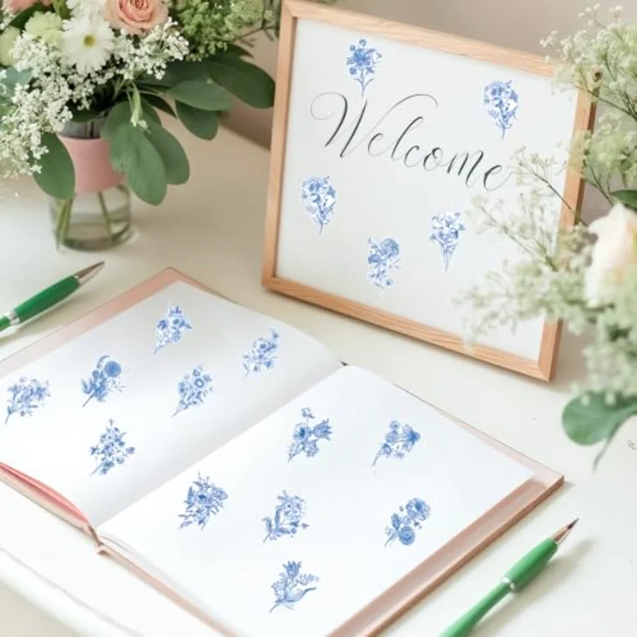 1000Pcs Blue Floral Sticker Seal Decals 8 Design Chinoiserie Flower, view 4