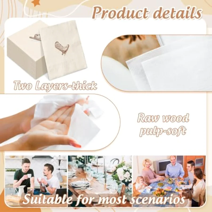 100Pcs Cowboy Cocktail Napkins Disposable Napkin Brown Western Cowboy Hat, view 3