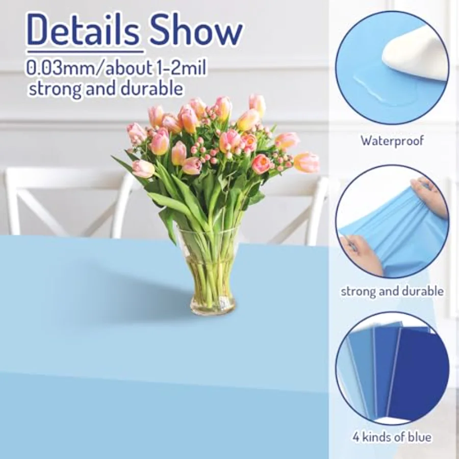 12Pcs Dusty Blue Plastic Tablecloth Rectangle Table Cover 4 Blue Colors, view 3