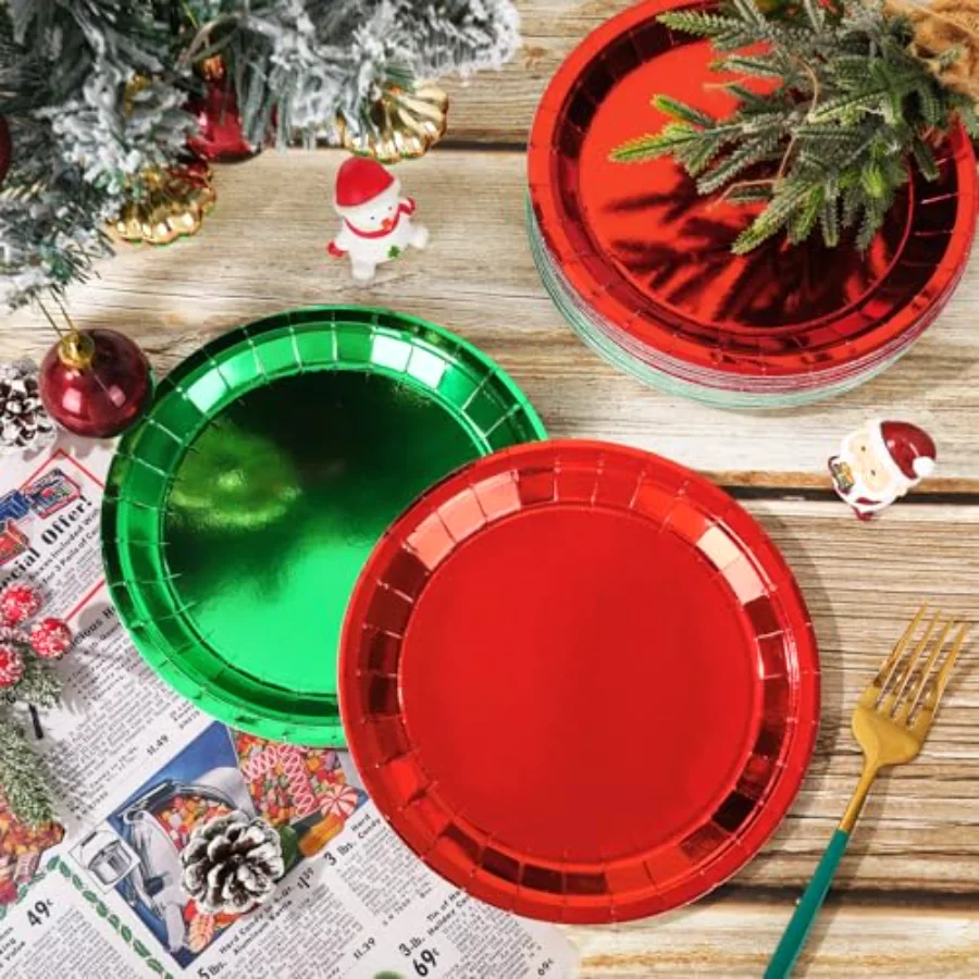 40 Pcs Christmas Dessert Plate Foil Red Green Disposable Paper Plate, view 4