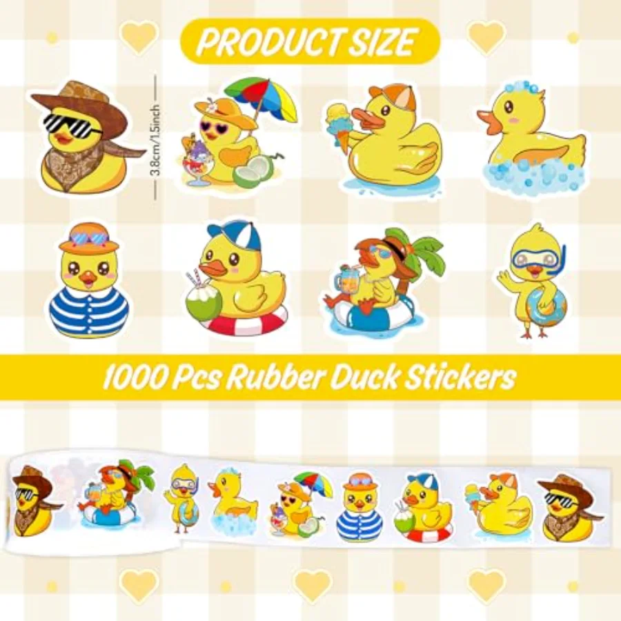 1000 Pcs Rubber Cute Yellow Duck Roll Stickers Funny Summer Duck Gift, view 2