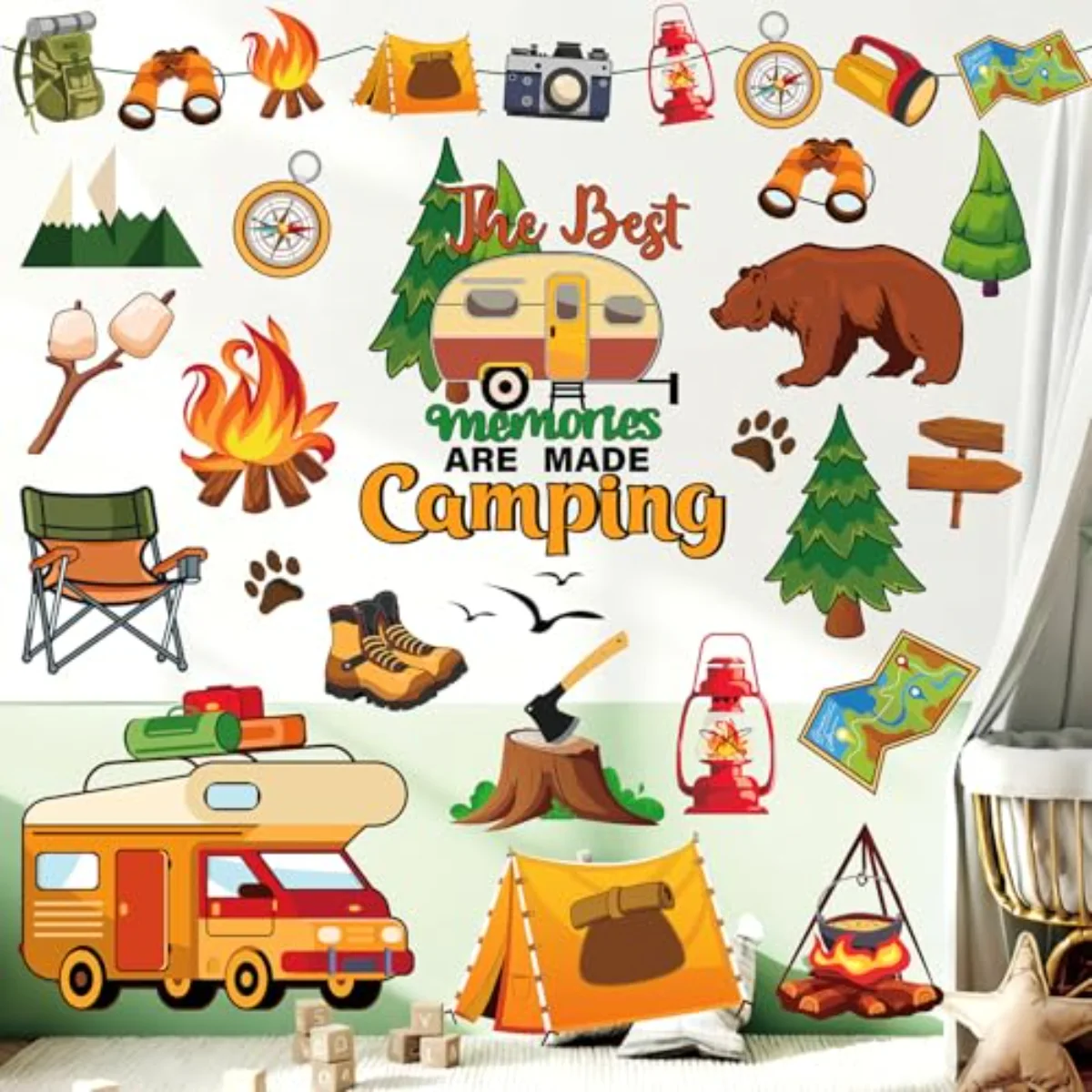 9 Sheets Camping Wall Decal Stickers Camper Bonfire Adventure Room Mural