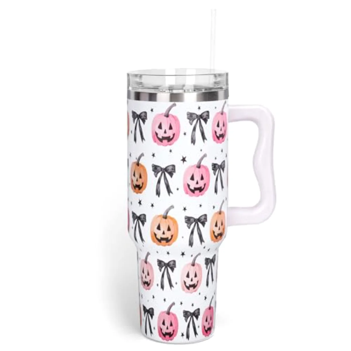 40oz Halloween Tumbler with Handle Straw and Lid Bow Pumpkin Face Travel