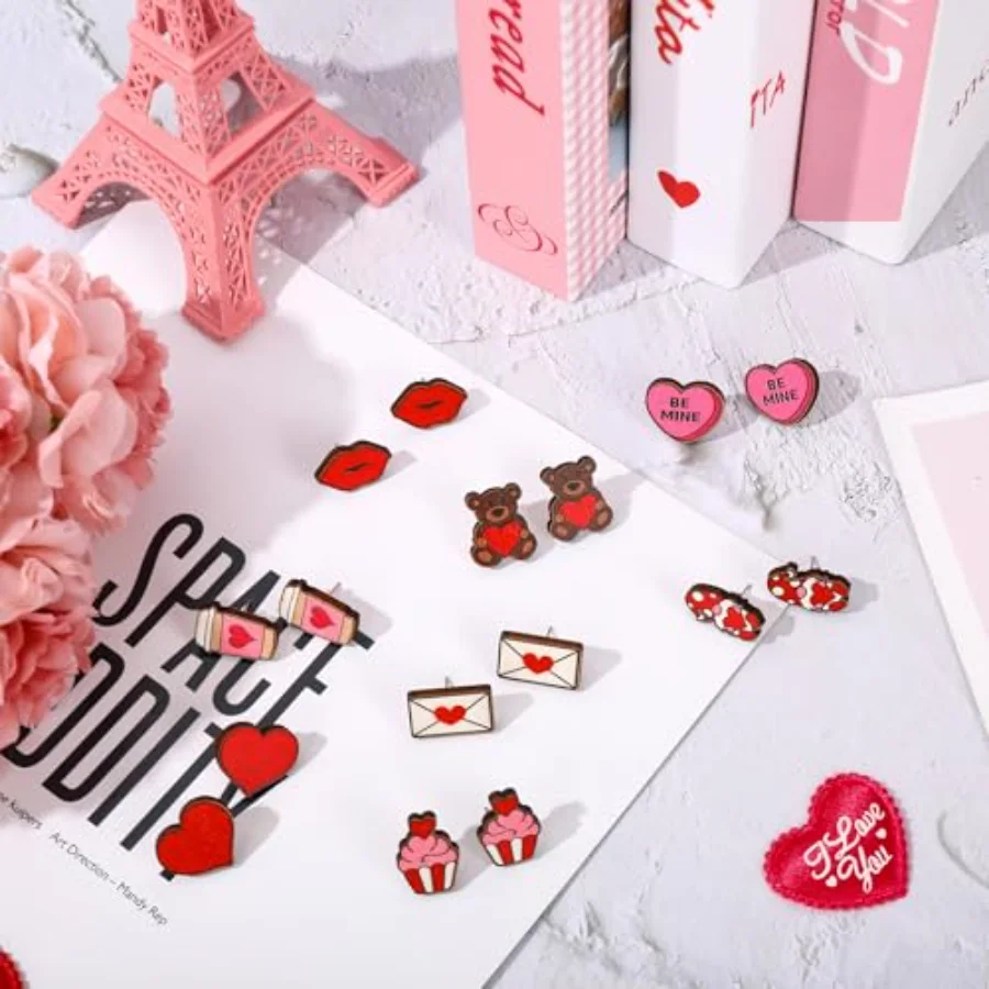 8 Pairs Valentine's Day Wooden Earring Studs Cute Conversation Heart Gnome, view 3