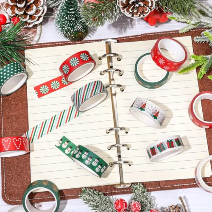 12 Rolls Christmas Washi Tape Red Green Xmas Tree Snowman Santa Claus, view 4