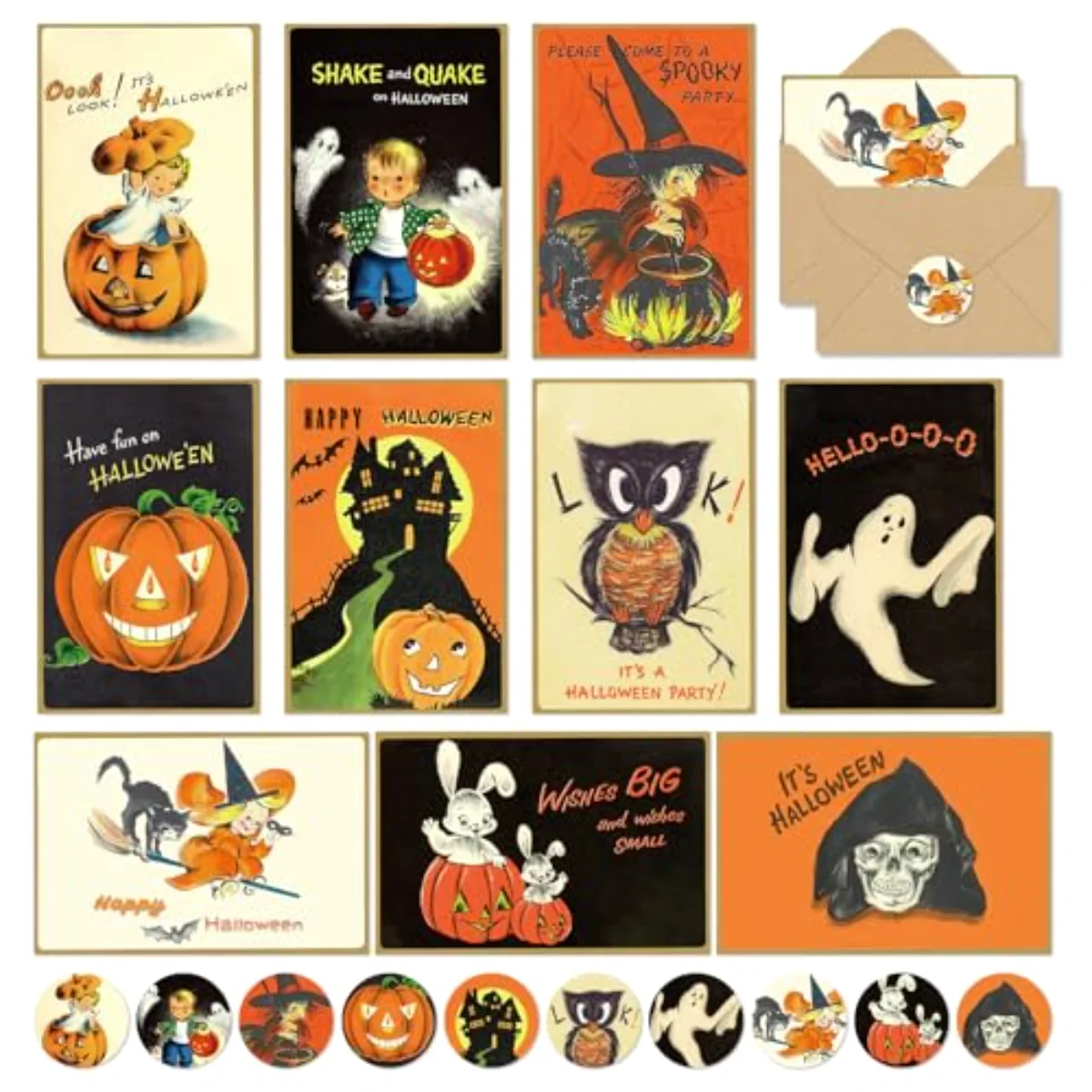 50 Pack Halloween Greeting Cards with Sticker Envelope Vintage Evil