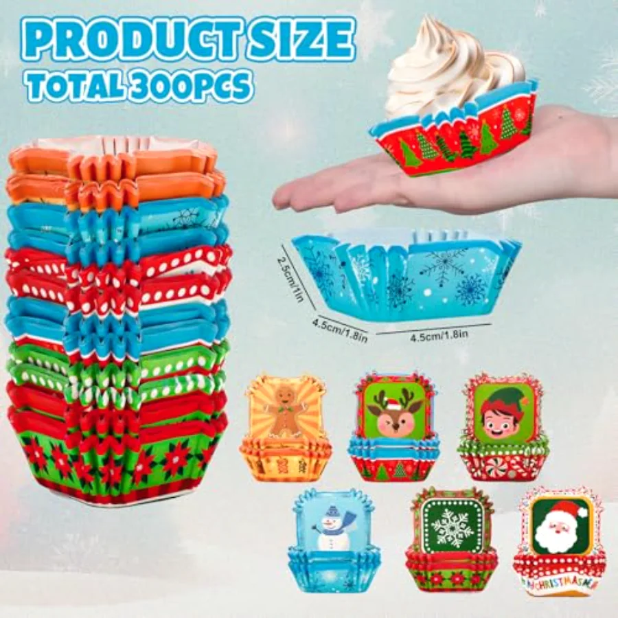 300Pcs Christmas Cupcake Liners Xmas Mini Square Muffin Cupcake Wrappers, view 2