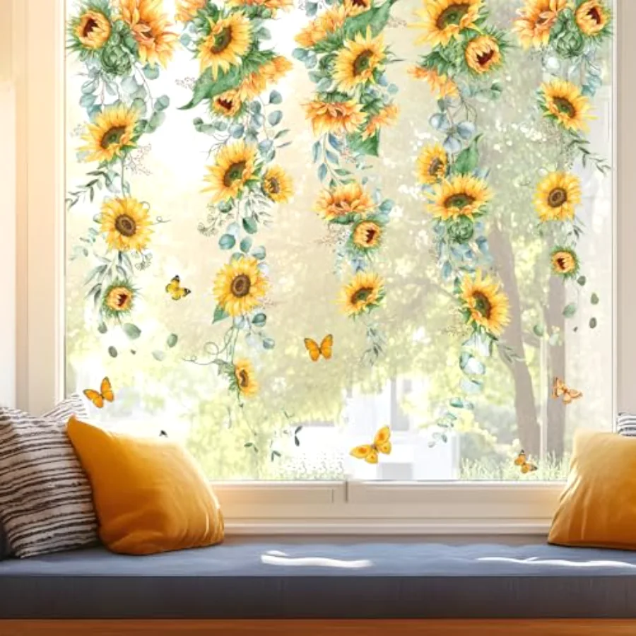 9 Sheets Summer Floral Window Cling Stickers Sunflower Hanging Flower Vine, view 4
